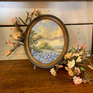 Bluebonnets Mountains Canvas Print framed in Oval Frame