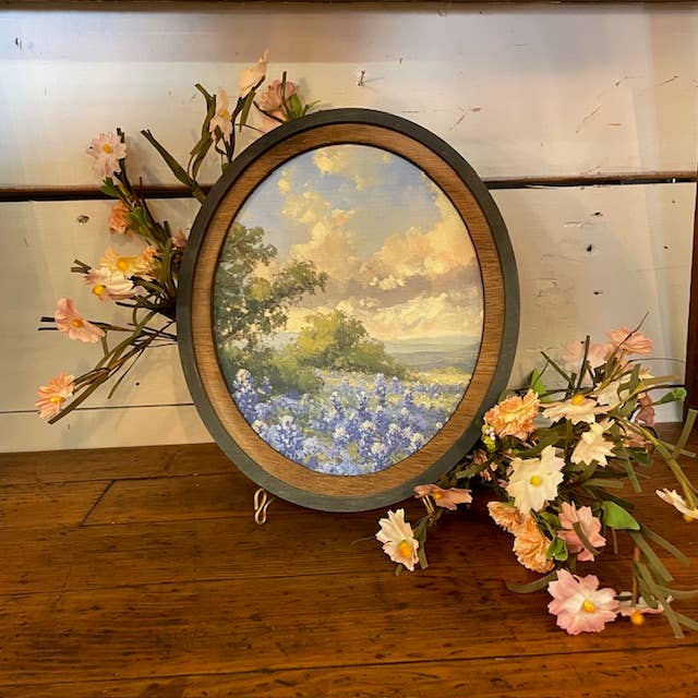 Bluebonnets Mountains Canvas Print framed in Oval Frame